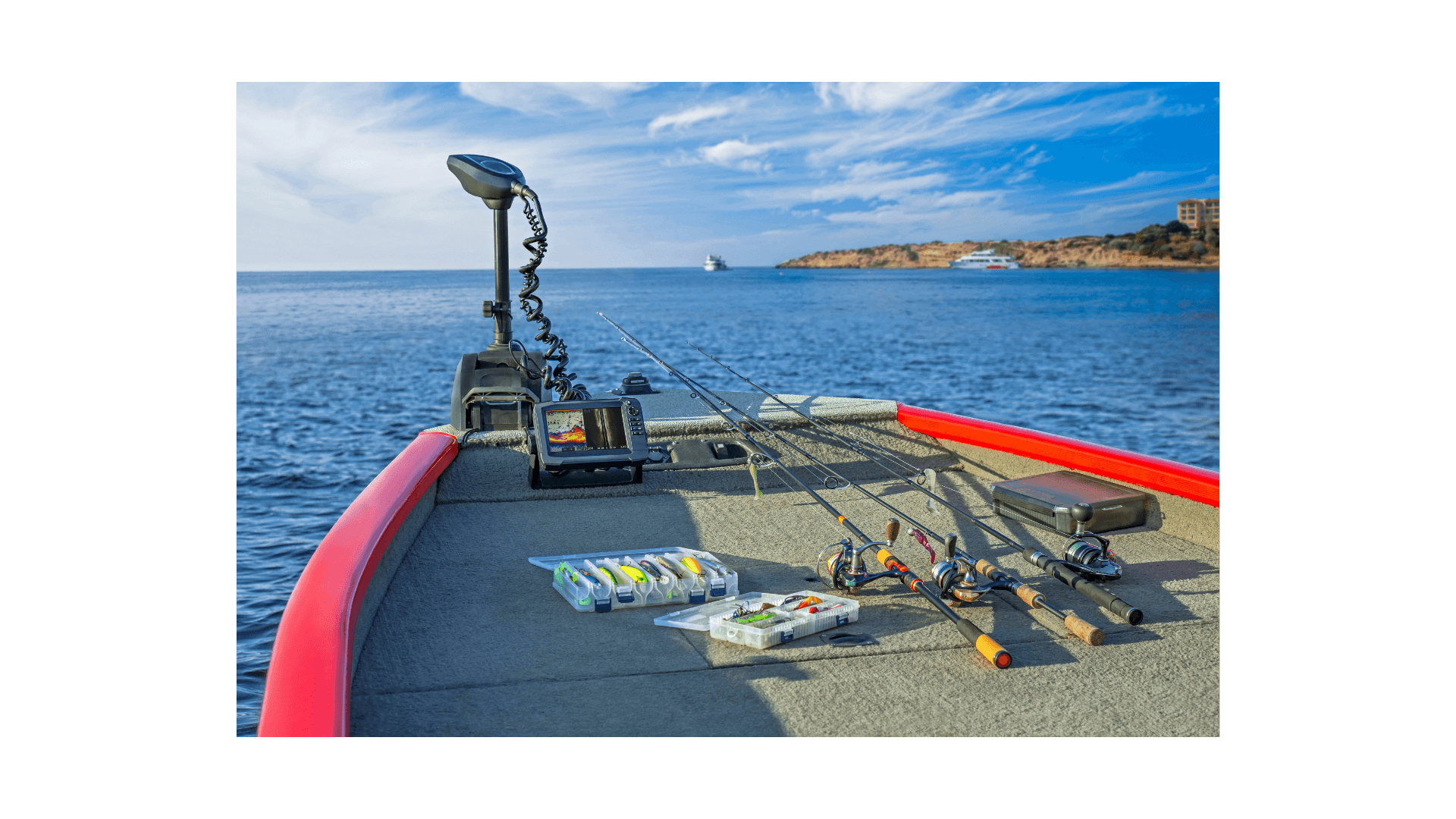 Bass boat with electronics and trolling motor on the water